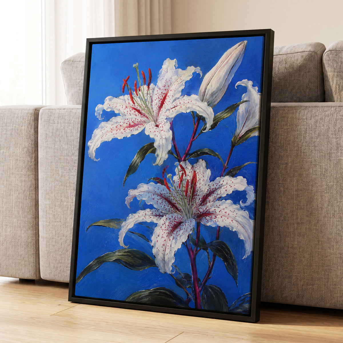 Lilies in Cobalt, blue, white, green floral wall art displayed in a styled interior, gallery view 4