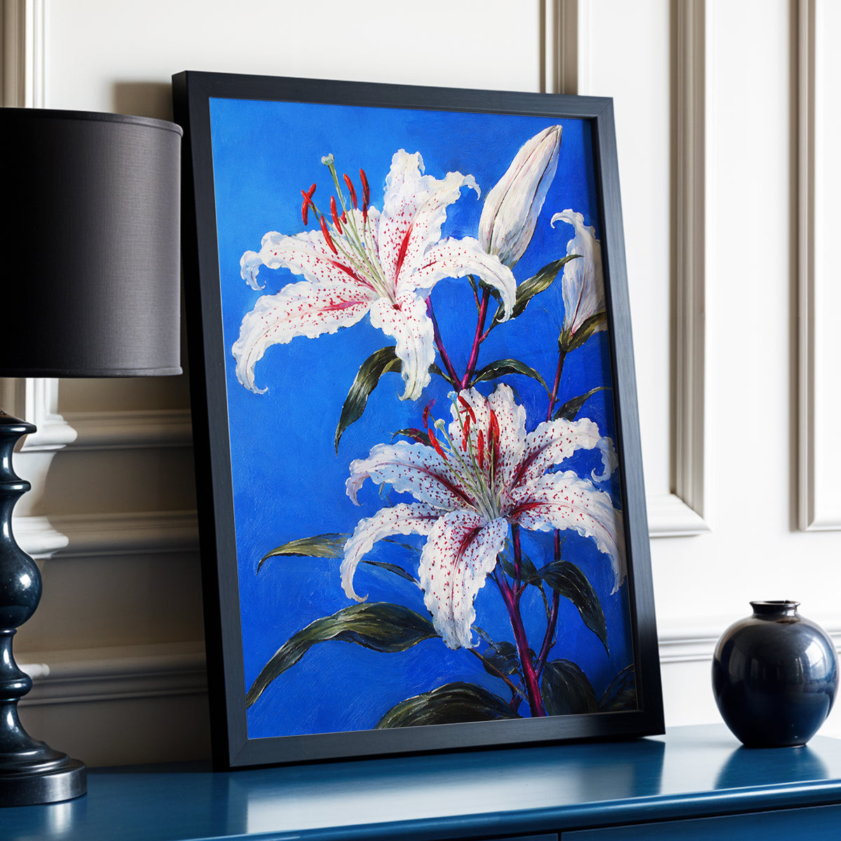 Lilies in Cobalt, blue, white, green floral wall art displayed in a styled interior, gallery view 6