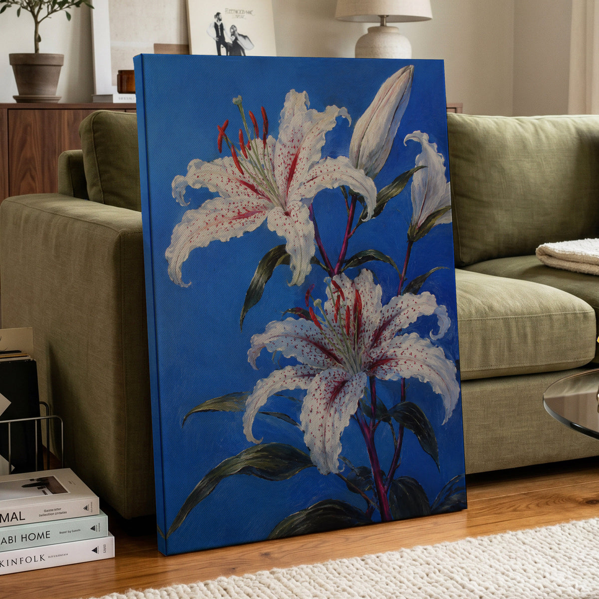 Lilies in Cobalt, blue, white, green floral wall art displayed in a styled interior, gallery view 7