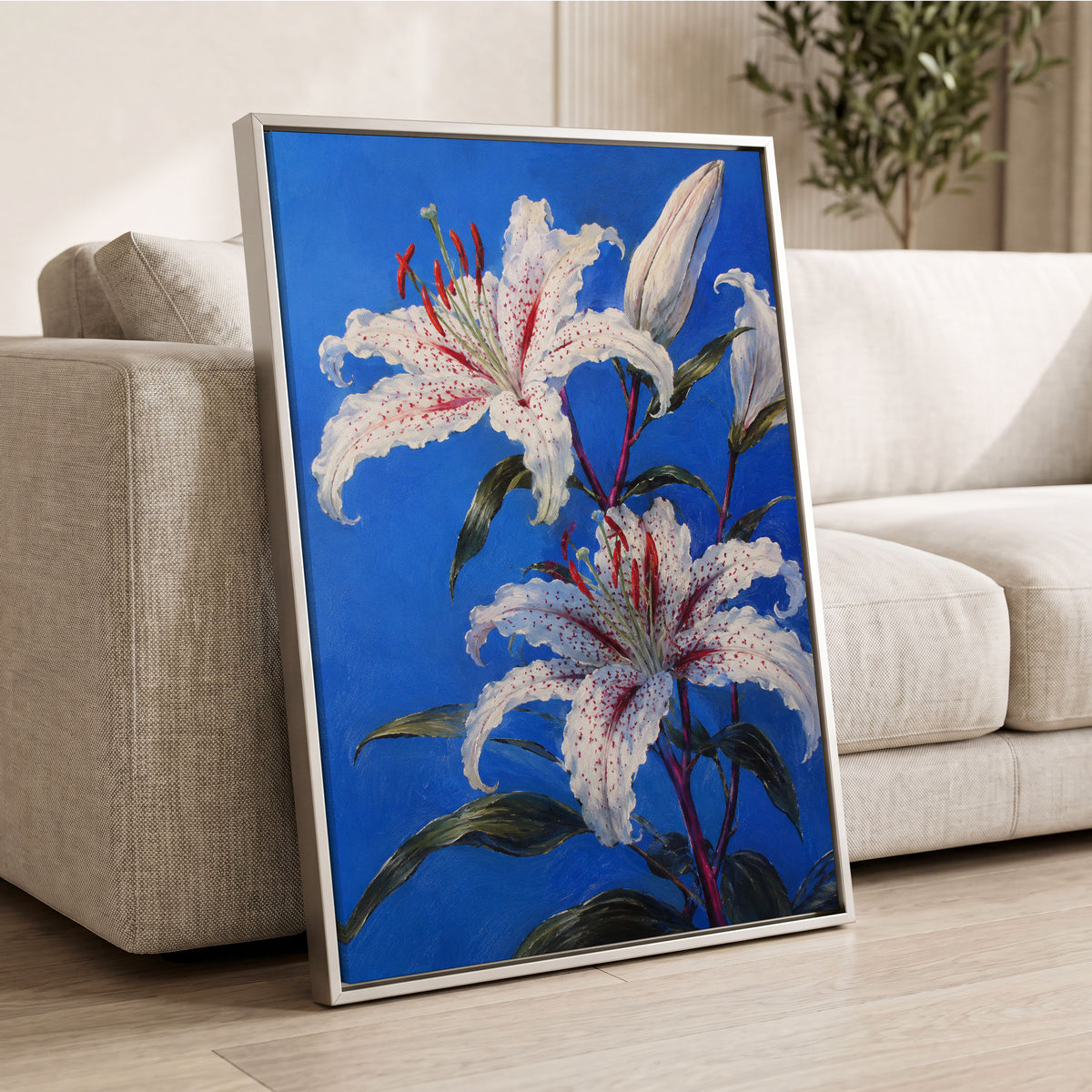 Lilies in Cobalt, blue, white, green floral wall art displayed in a styled interior, gallery view 8