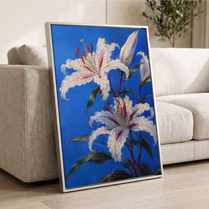 Lilies in Cobalt, blue, white, green floral wall art displayed in a styled interior, gallery view 8
