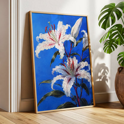 Lilies in Cobalt, blue, white, green floral wall art displayed in a styled interior, gallery view 9