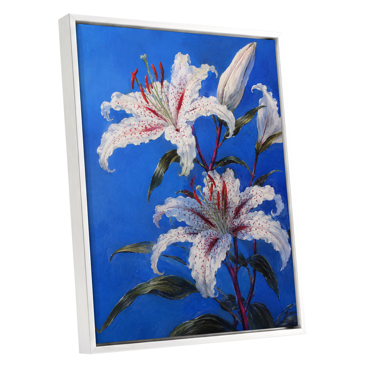 Lilies in Cobalt, blue, white, green floral wall art shown as a white framed canvas wall art