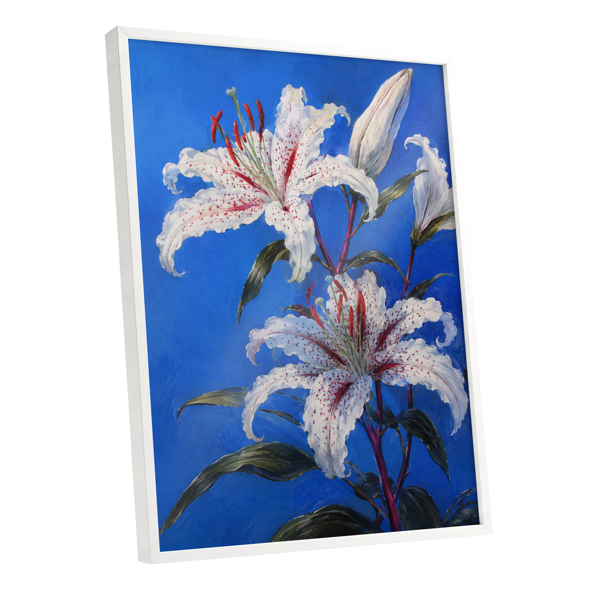 Lilies in Cobalt, blue, white, green floral wall art shown as a white framed poster wall art print