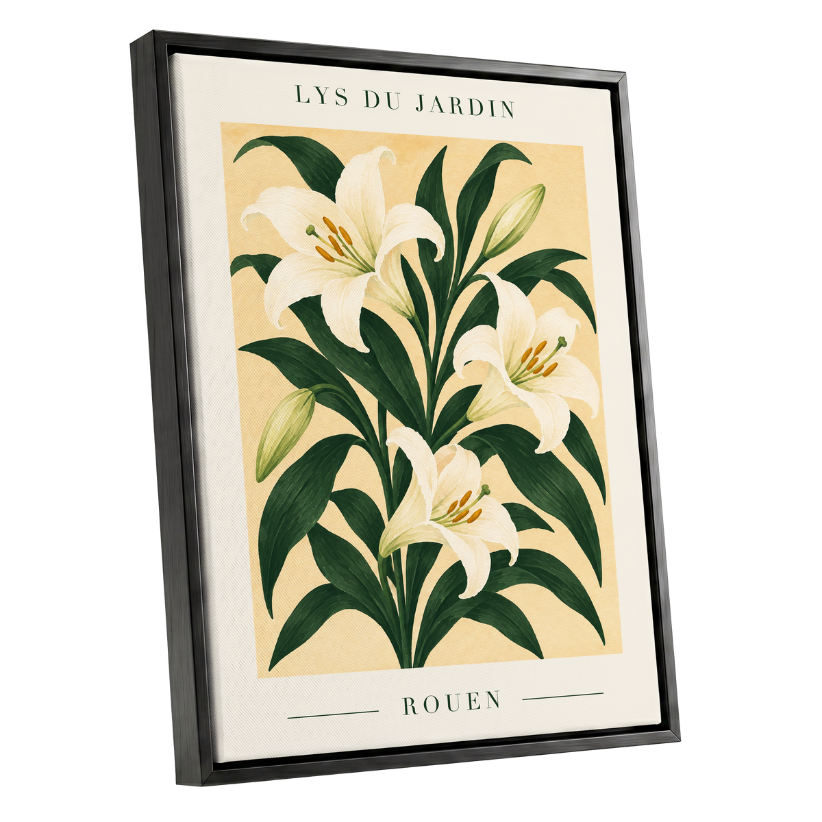 Lilies of Rouen, green, white, beige floral wall art shown as a black framed canvas wall art