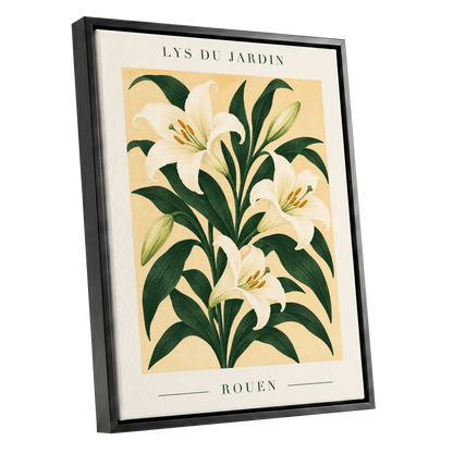 Lilies of Rouen, green, white, beige floral wall art shown as a black framed canvas wall art
