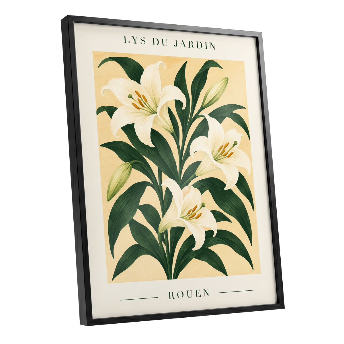 Lilies of Rouen, green, white, beige floral wall art shown as a black framed poster wall art print