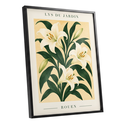 Lilies of Rouen, green, white, beige floral wall art shown as a black framed poster wall art print