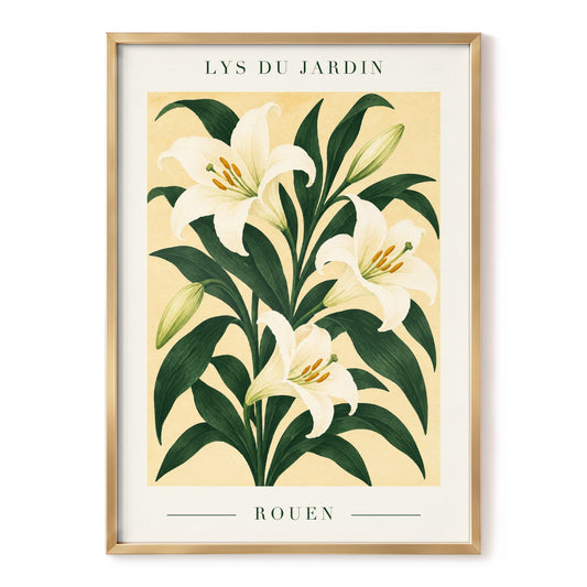 Lilies of Rouen, green, white, beige floral wall art, front artwork view