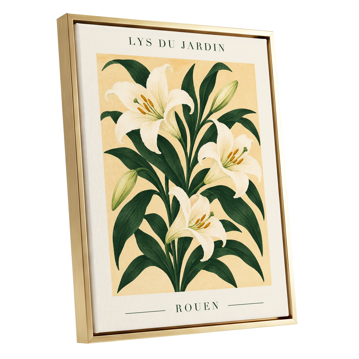 Lilies of Rouen, green, white, beige floral wall art shown as a gold framed canvas wall art