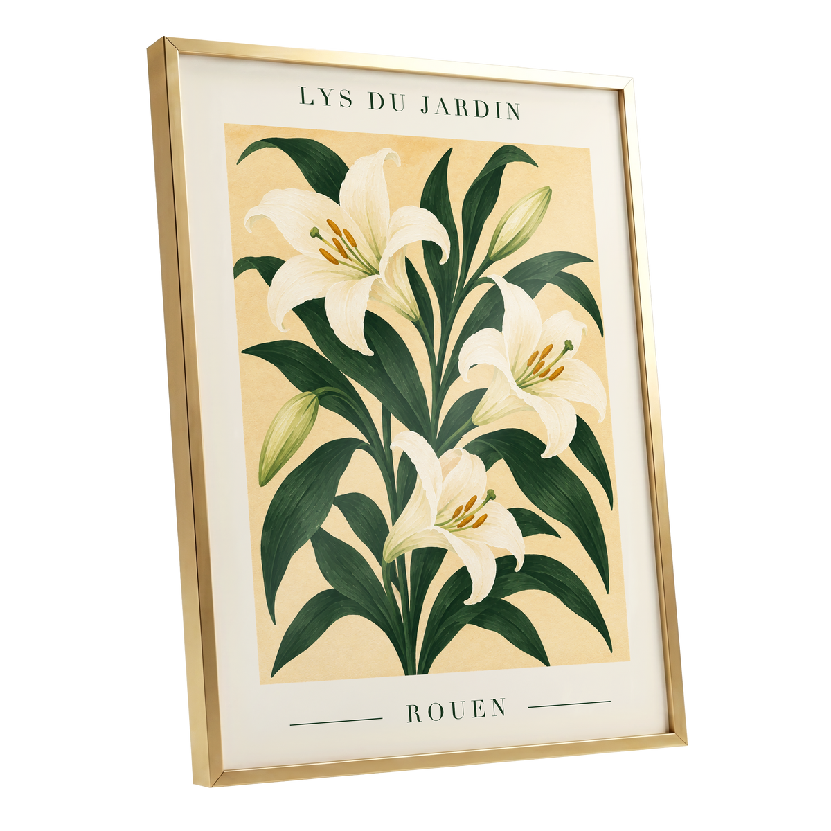 Lilies of Rouen, green, white, beige floral wall art shown as a gold framed poster wall art print