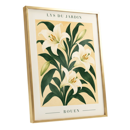 Lilies of Rouen, green, white, beige floral wall art shown as a gold framed poster wall art print