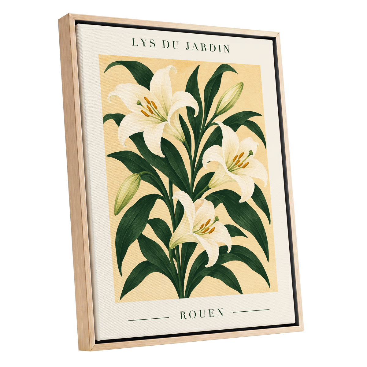 Lilies of Rouen, green, white, beige floral wall art shown as a oak framed canvas wall art