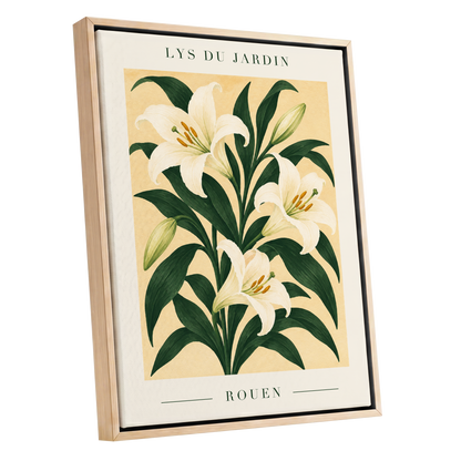 Lilies of Rouen, green, white, beige floral wall art shown as a oak framed canvas wall art