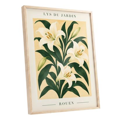 Lilies of Rouen, green, white, beige floral wall art shown as a oak framed poster wall art print