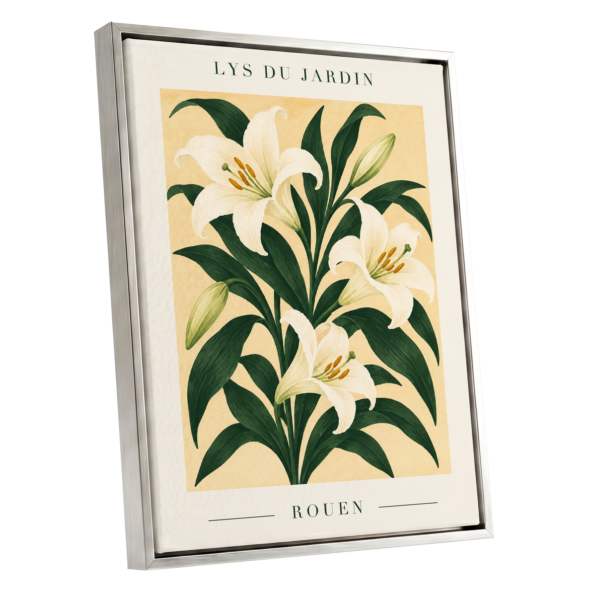 Lilies of Rouen, green, white, beige floral wall art shown as a silver framed canvas wall art