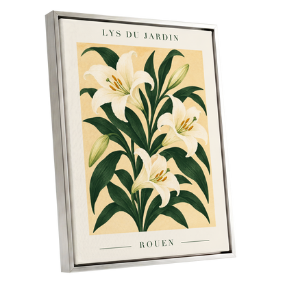 Lilies of Rouen, green, white, beige floral wall art shown as a silver framed canvas wall art