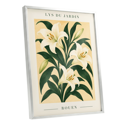 Lilies of Rouen, green, white, beige floral wall art shown as a silver framed poster wall art print