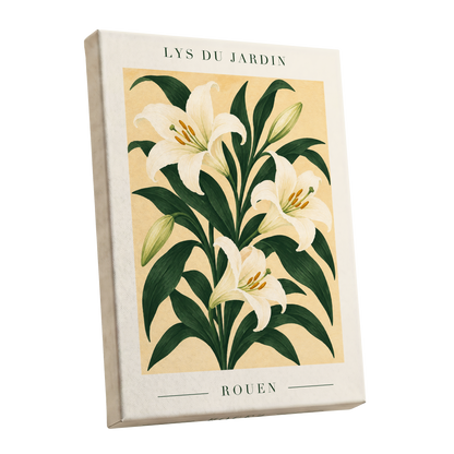 Lilies of Rouen, green, white, beige floral wall art shown as a stretched canvas wall art