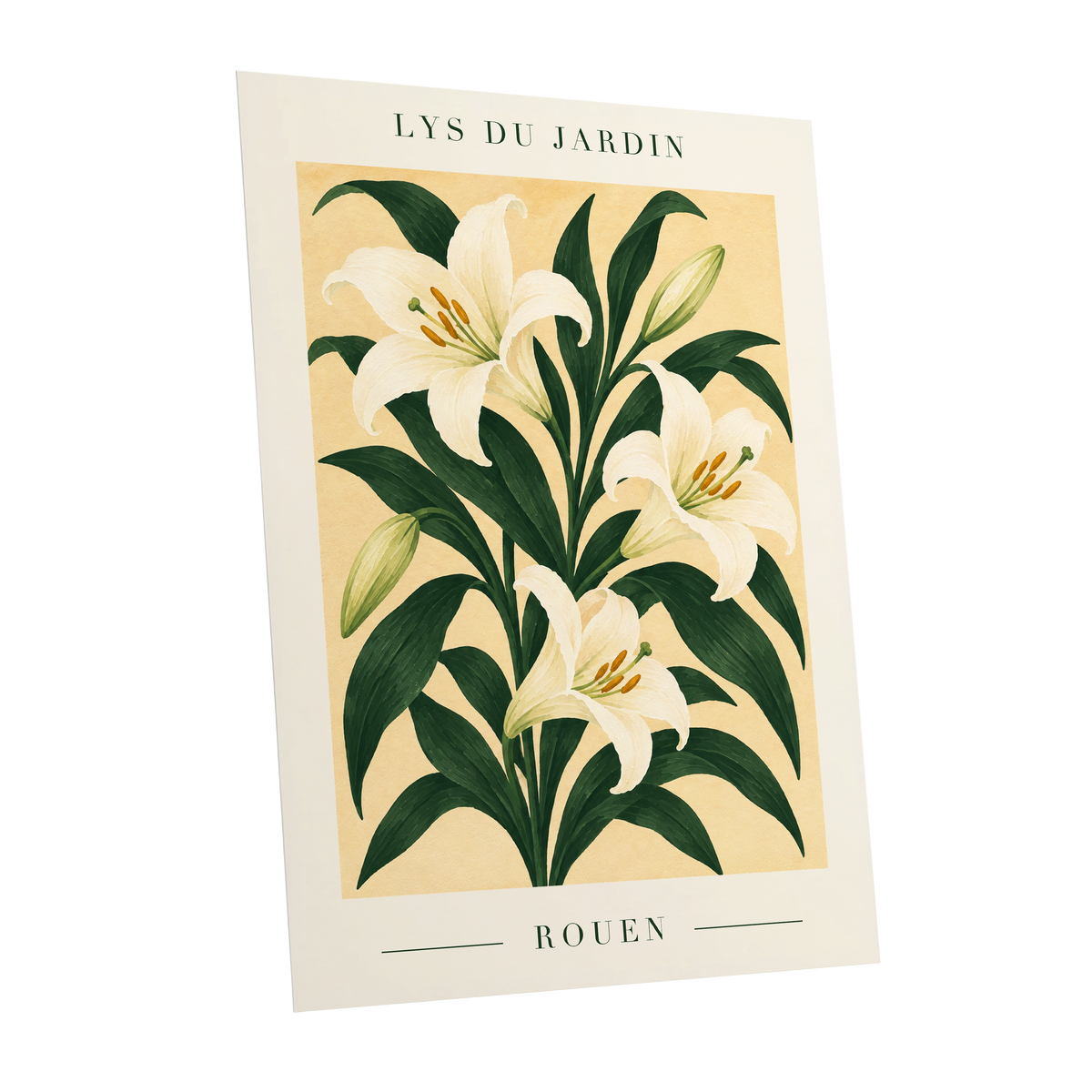 Lilies of Rouen, green, white, beige floral wall art shown as a unframed poster wall art print