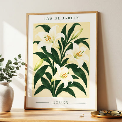Lilies of Rouen, green, white, beige floral wall art displayed in a styled interior, gallery view 2