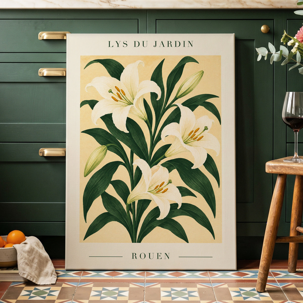 Lilies of Rouen, green, white, beige floral wall art displayed in a styled interior, gallery view 3