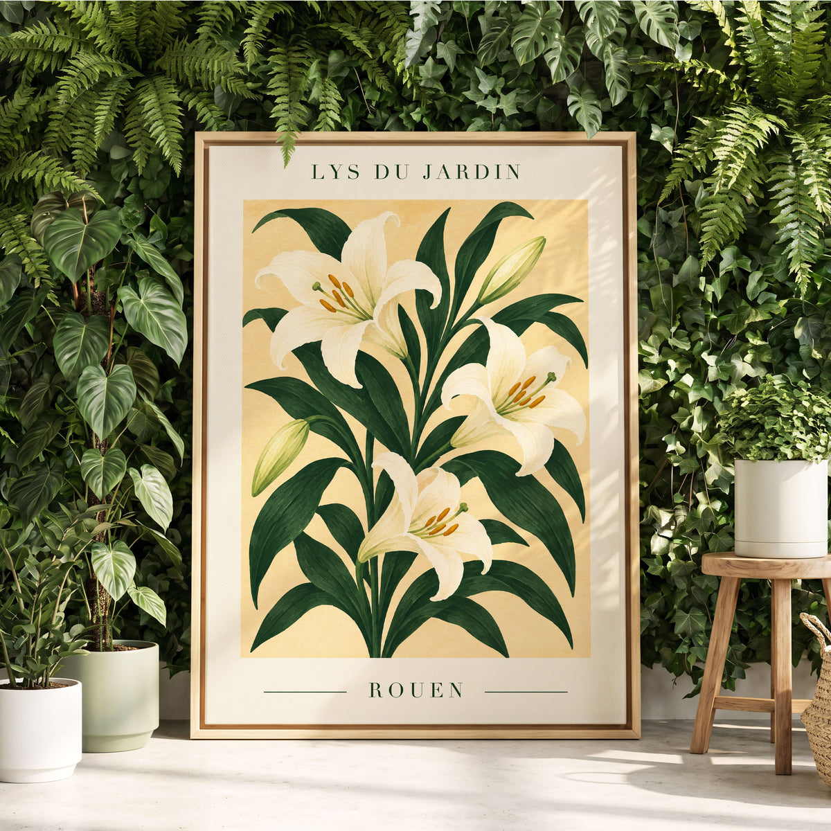 Lilies of Rouen, green, white, beige floral wall art displayed in a styled interior, gallery view 4