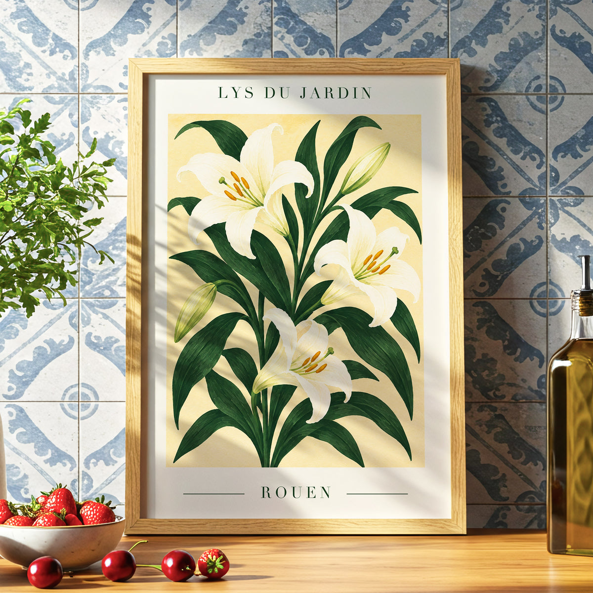 Lilies of Rouen, green, white, beige floral wall art displayed in a styled interior, gallery view 6