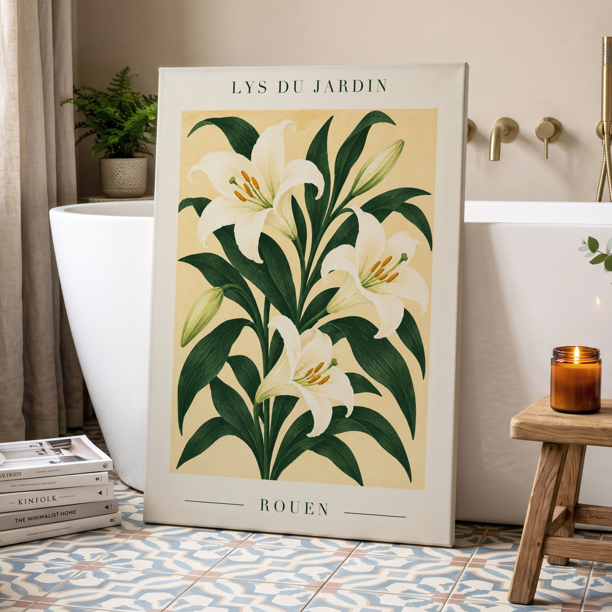 Lilies of Rouen, green, white, beige floral wall art displayed in a styled interior, gallery view 7