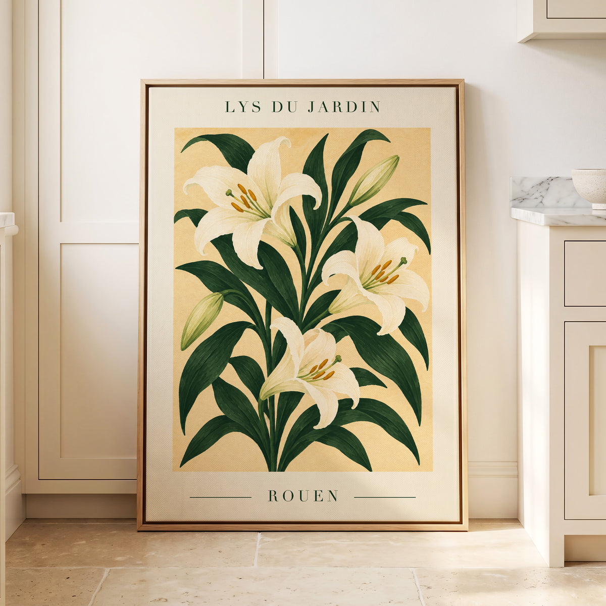 Lilies of Rouen, green, white, beige floral wall art displayed in a styled interior, gallery view 8