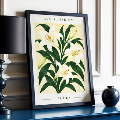 Lilies of Rouen, green, white, beige floral wall art displayed in a styled interior, gallery view 9