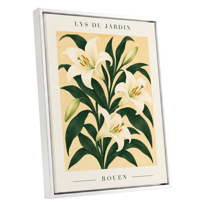 Lilies of Rouen, green, white, beige floral wall art shown as a white framed canvas wall art