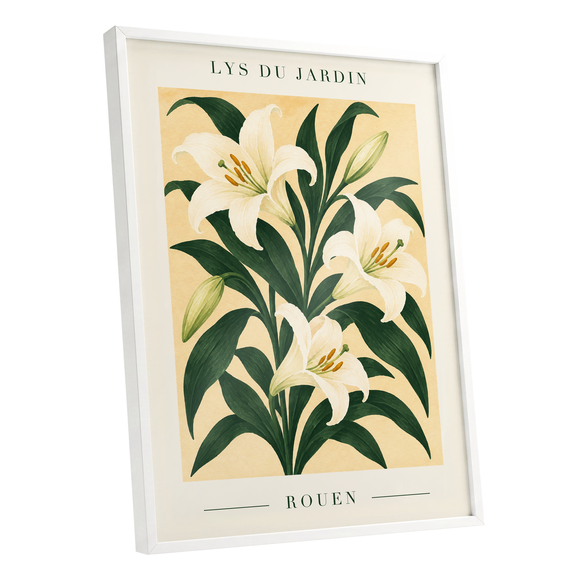 Lilies of Rouen, green, white, beige floral wall art shown as a white framed poster wall art print
