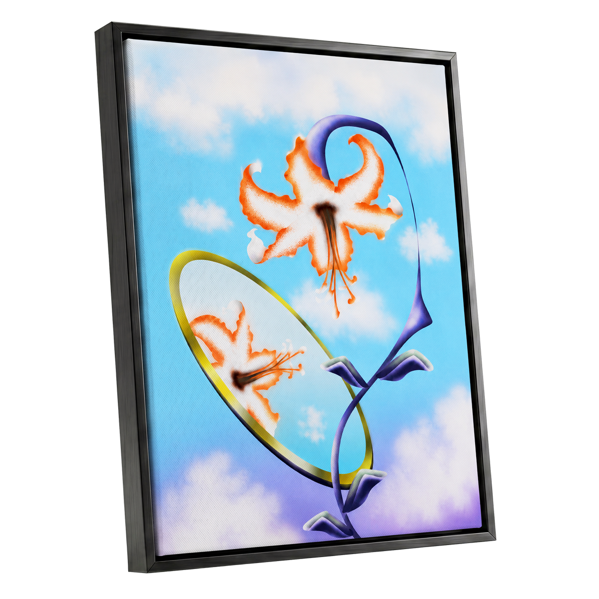 Lily in the Looking Glass, blue, white, orange floral wall art shown as a black framed canvas wall art