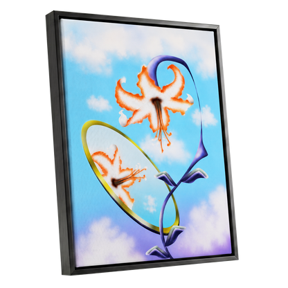 Lily in the Looking Glass, blue, white, orange floral wall art shown as a black framed canvas wall art