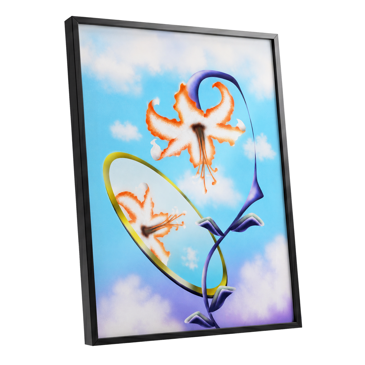 Lily in the Looking Glass, blue, white, orange floral wall art shown as a black framed poster wall art print
