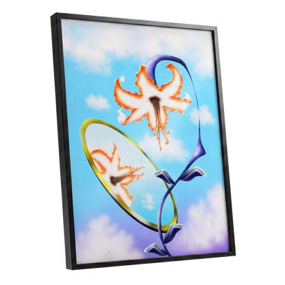 Lily in the Looking Glass, blue, white, orange floral wall art shown as a black framed poster wall art print