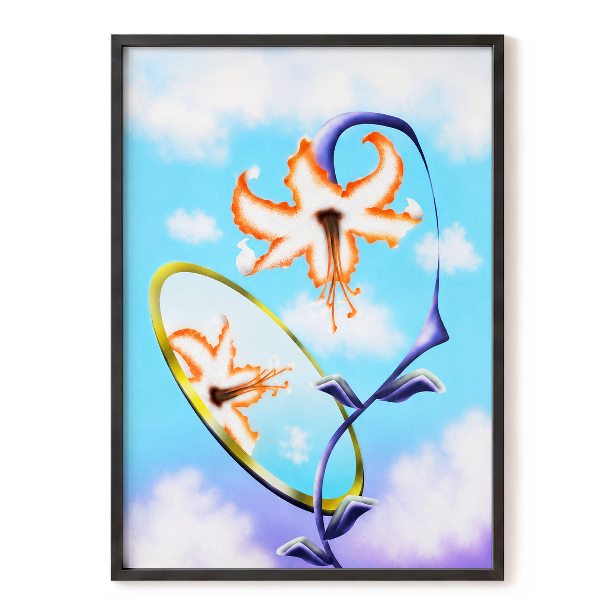 Lily in the Looking Glass, blue, white, orange floral wall art, front artwork view