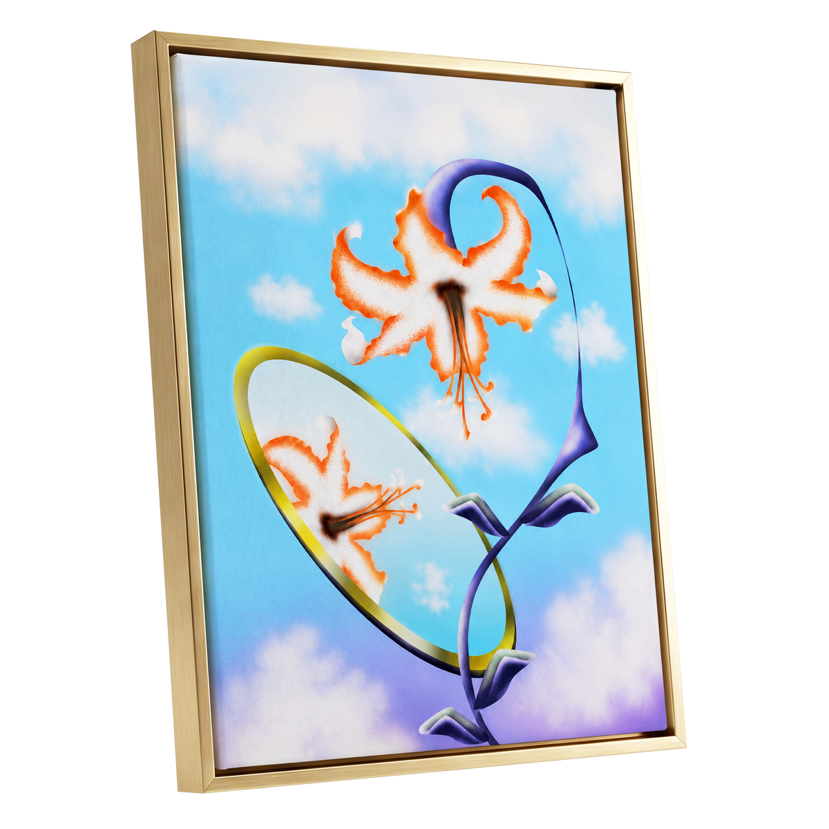 Lily in the Looking Glass, blue, white, orange floral wall art shown as a gold framed canvas wall art