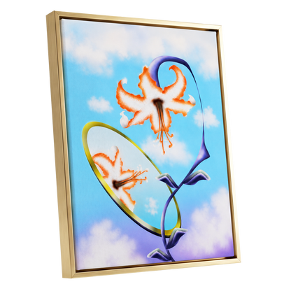 Lily in the Looking Glass, blue, white, orange floral wall art shown as a gold framed canvas wall art