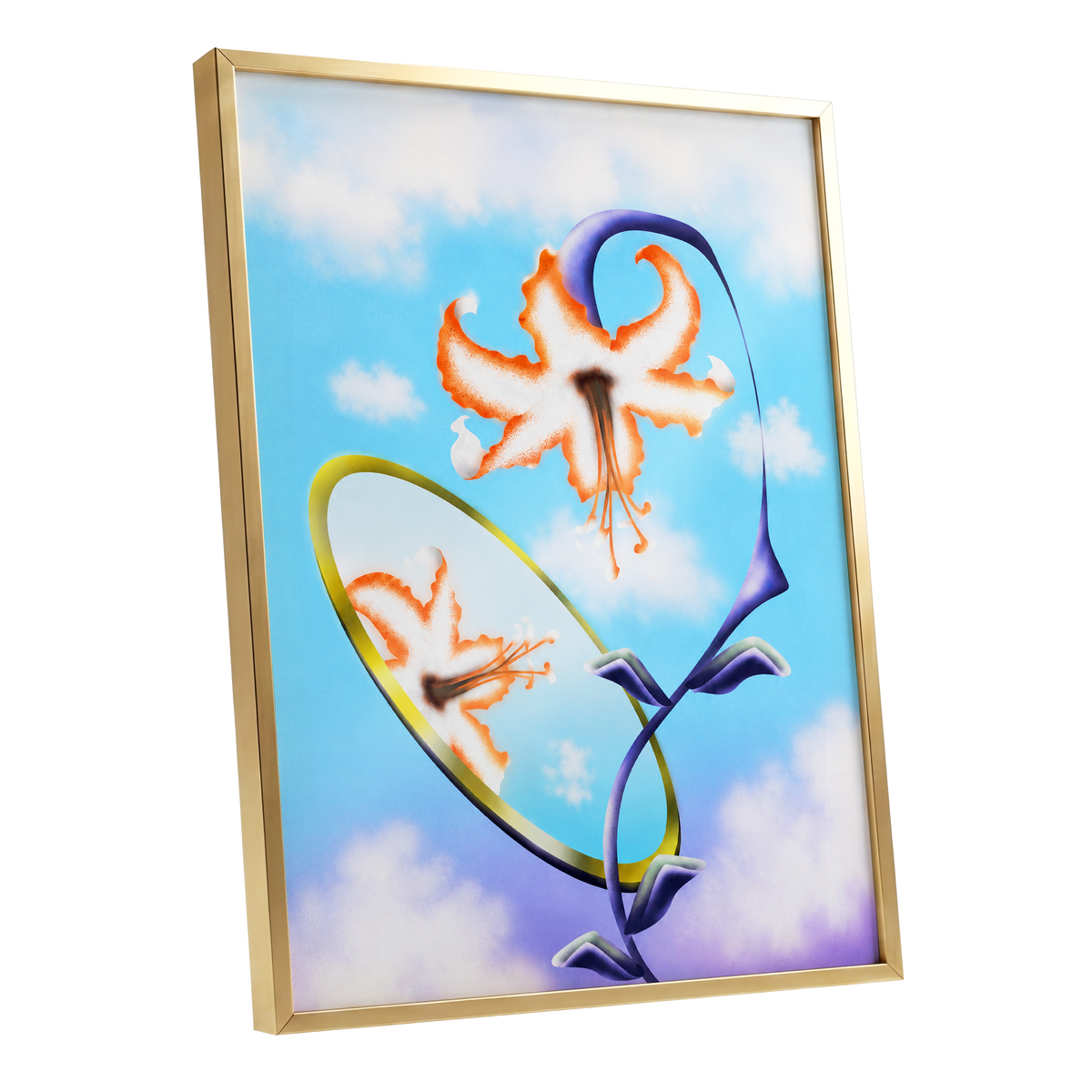 Lily in the Looking Glass, blue, white, orange floral wall art shown as a gold framed poster wall art print