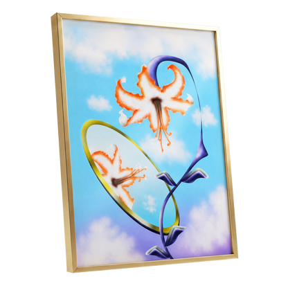 Lily in the Looking Glass, blue, white, orange floral wall art shown as a gold framed poster wall art print