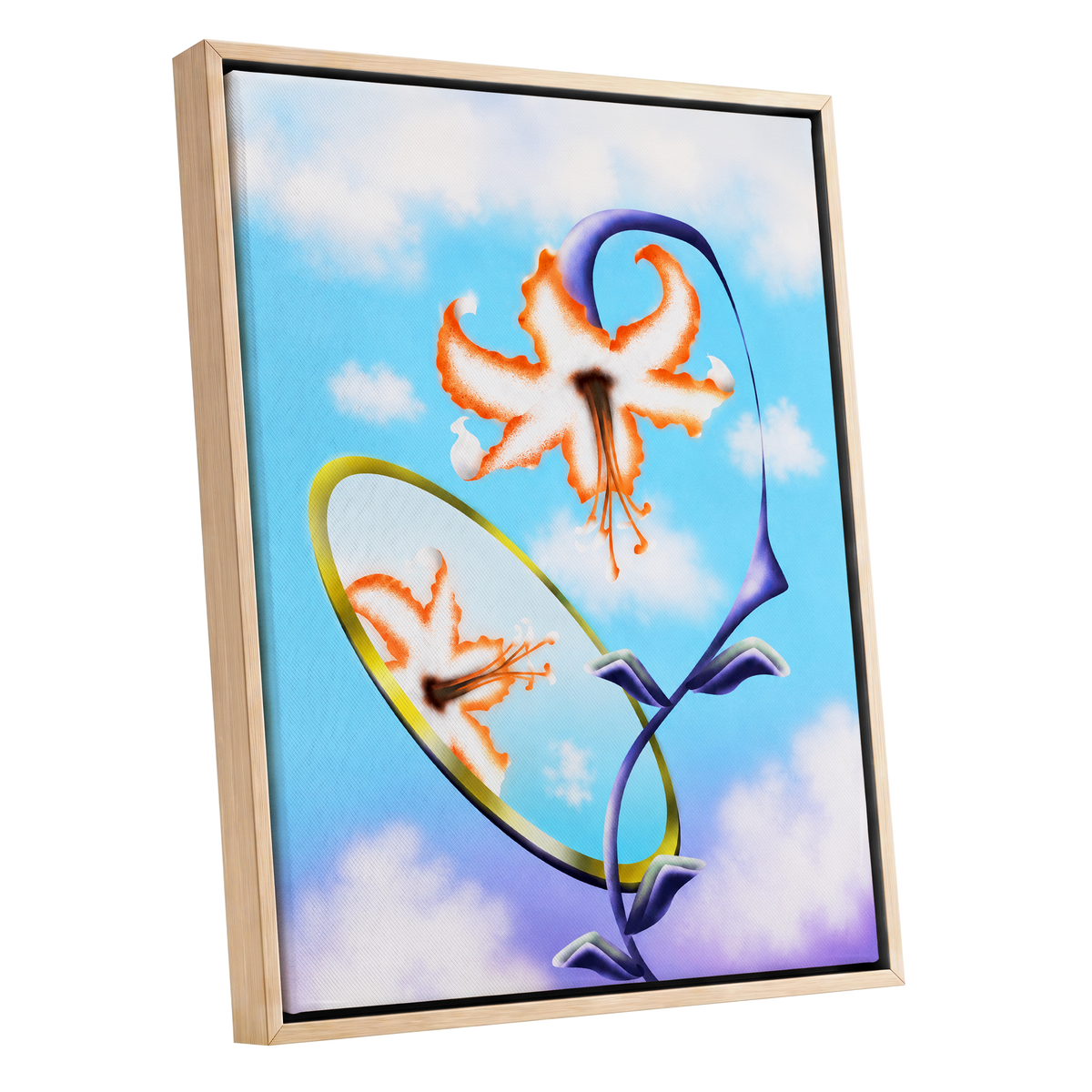 Lily in the Looking Glass, blue, white, orange floral wall art shown as a oak framed canvas wall art