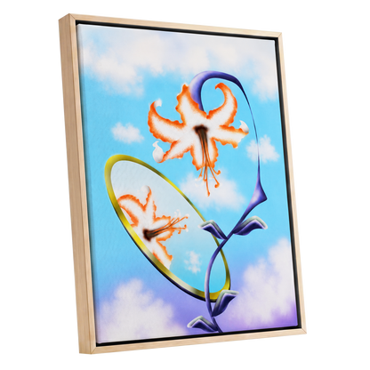 Lily in the Looking Glass, blue, white, orange floral wall art shown as a oak framed canvas wall art