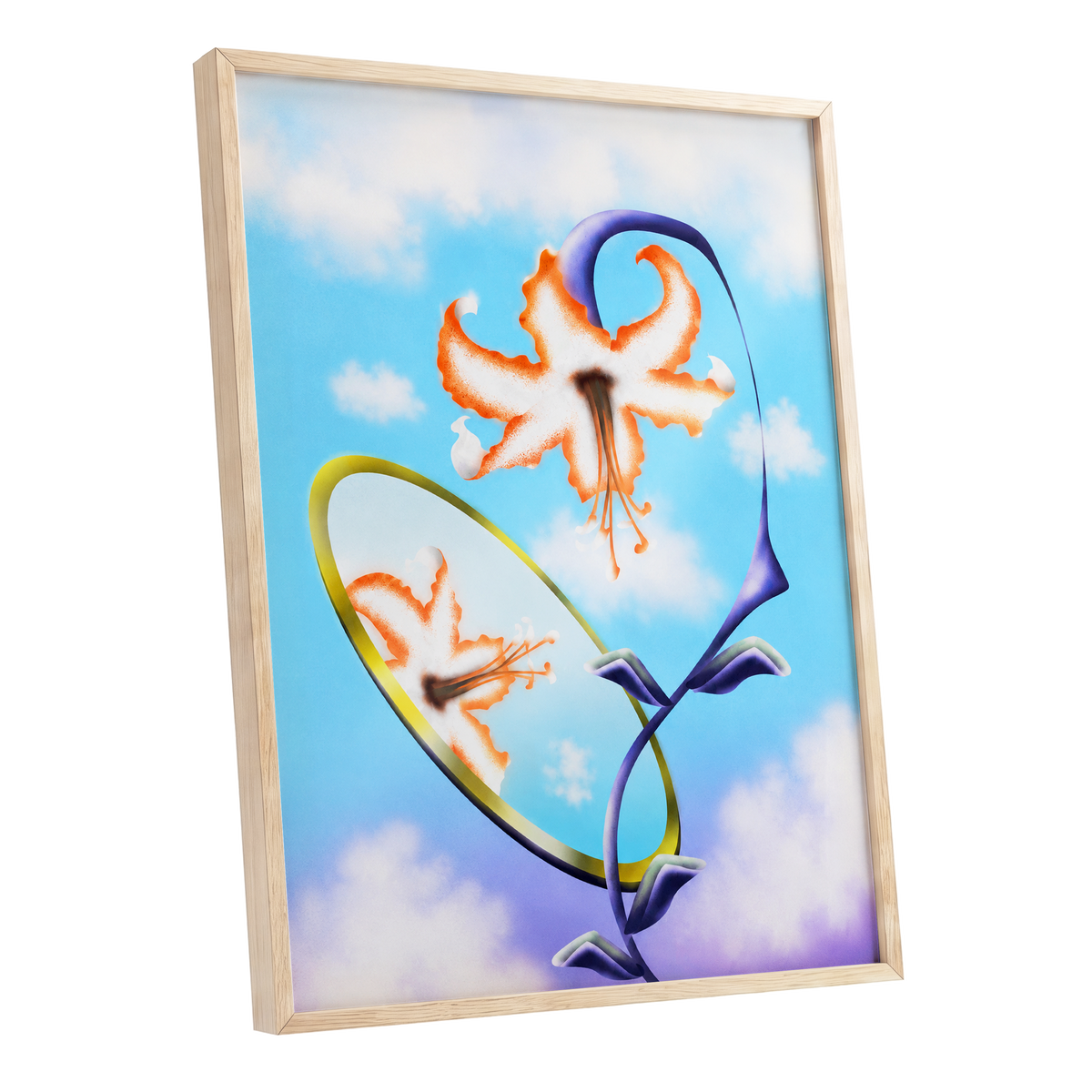 Lily in the Looking Glass, blue, white, orange floral wall art shown as a oak framed poster wall art print