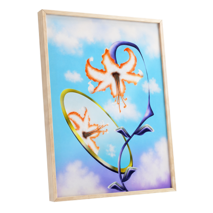 Lily in the Looking Glass, blue, white, orange floral wall art shown as a oak framed poster wall art print