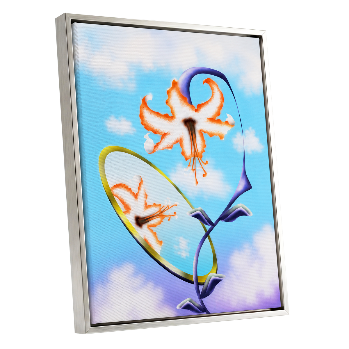 Lily in the Looking Glass, blue, white, orange floral wall art shown as a silver framed canvas wall art