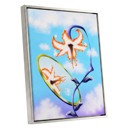 Lily in the Looking Glass, blue, white, orange floral wall art shown as a silver framed canvas wall art