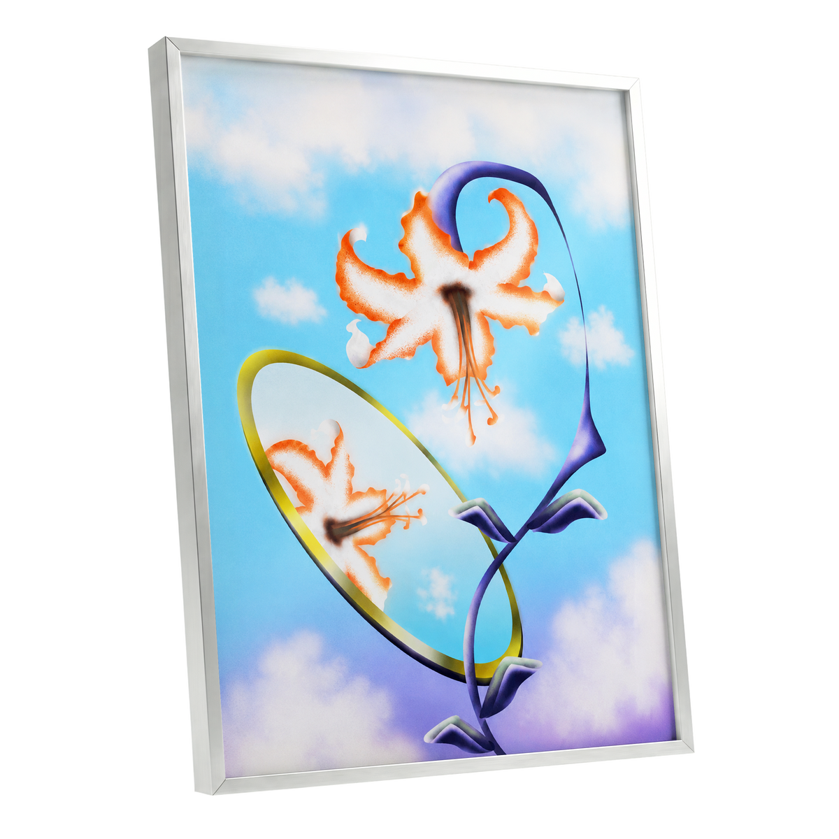 Lily in the Looking Glass, blue, white, orange floral wall art shown as a silver framed poster wall art print