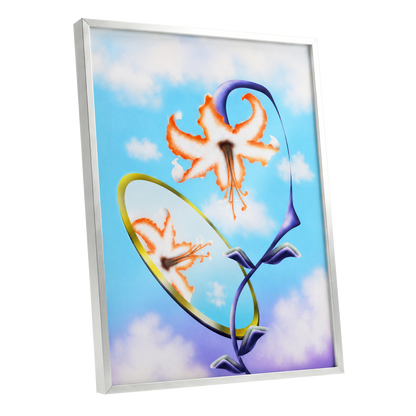 Lily in the Looking Glass, blue, white, orange floral wall art shown as a silver framed poster wall art print
